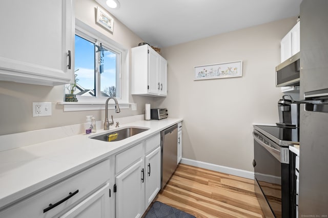 kitchen featuring white cabinets, light hardwood / wood-style floors, stainless steel appliances, and sink