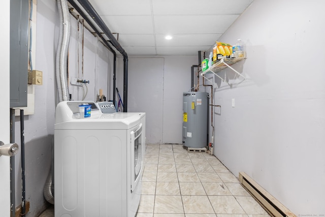 laundry area with water heater, a baseboard heating unit, electric panel, light tile patterned floors, and washer and dryer