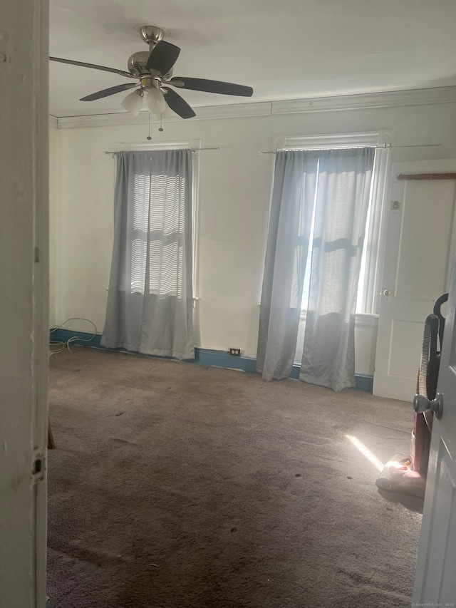 empty room with carpet, ceiling fan, and ornamental molding