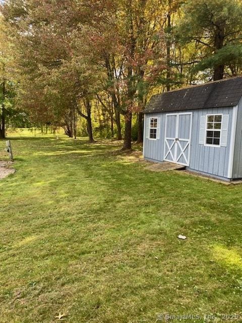 view of yard with a storage shed