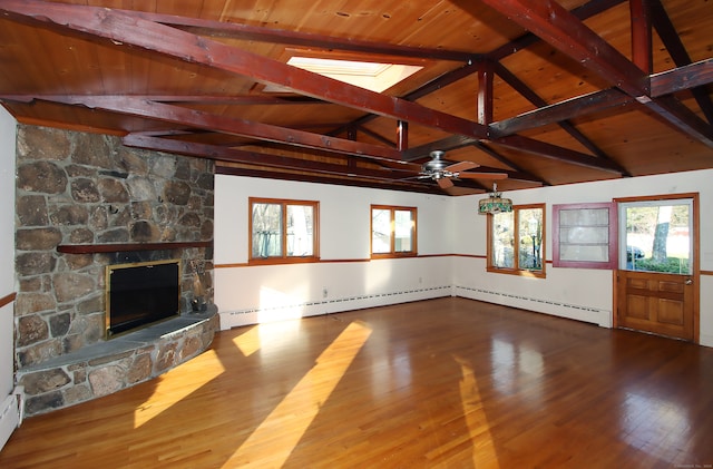 unfurnished living room featuring lofted ceiling with beams, a wealth of natural light, and wooden ceiling