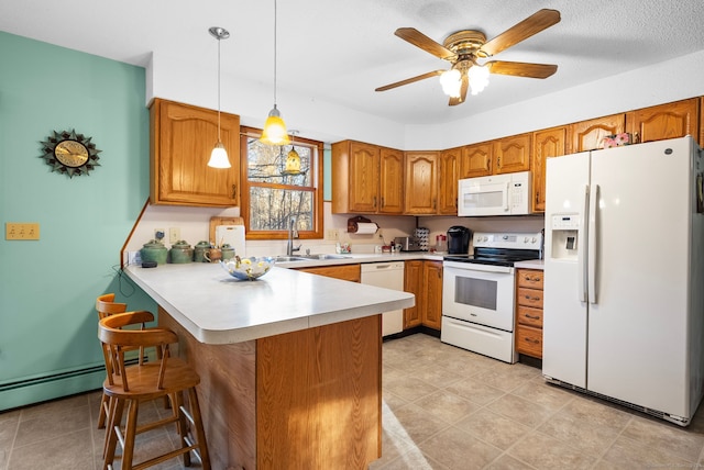 kitchen with ceiling fan, sink, kitchen peninsula, pendant lighting, and white appliances