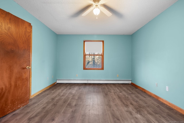 unfurnished room with ceiling fan, hardwood / wood-style floors, a baseboard radiator, and a textured ceiling