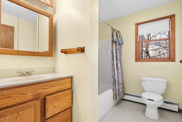 full bathroom with shower / bath combo, toilet, baseboard heating, and vanity