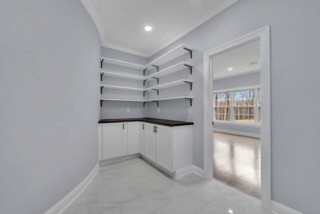 34 Fox Run Rd, Redding, CT 06896 - hall with ornamental molding, light marble finish floors, baseboards, and recessed lighting