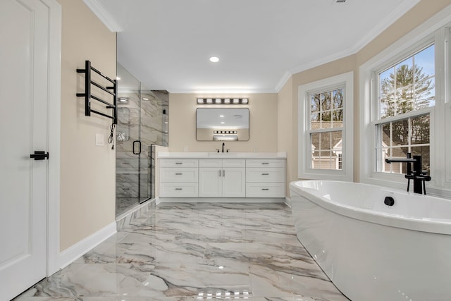 bathroom with shower with separate bathtub, vanity, and crown molding