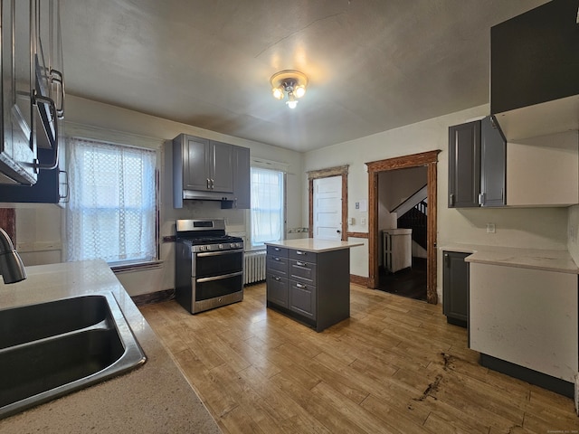 kitchen with gray cabinetry, a center island, stainless steel range oven, and sink