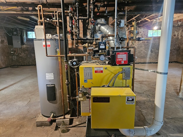 utility room featuring electric panel and water heater