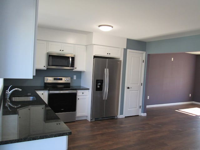 kitchen featuring dark hardwood / wood-style floors, sink, white cabinetry, and stainless steel appliances