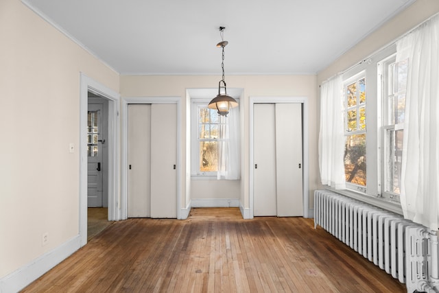 unfurnished bedroom featuring radiator heating unit, multiple windows, and multiple closets