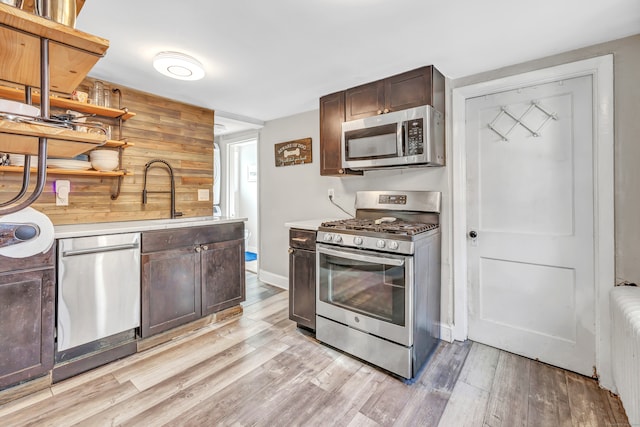 kitchen featuring sink, dark brown cabinetry, light wood-type flooring, radiator heating unit, and stainless steel appliances