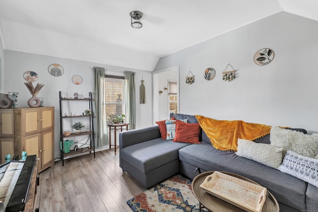 living room featuring hardwood / wood-style flooring and lofted ceiling