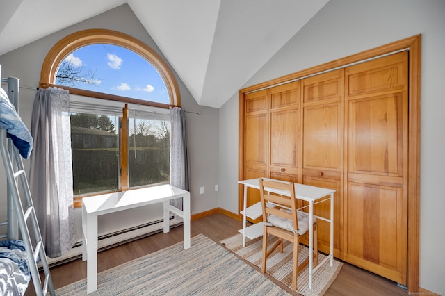 interior space with hardwood / wood-style flooring and lofted ceiling