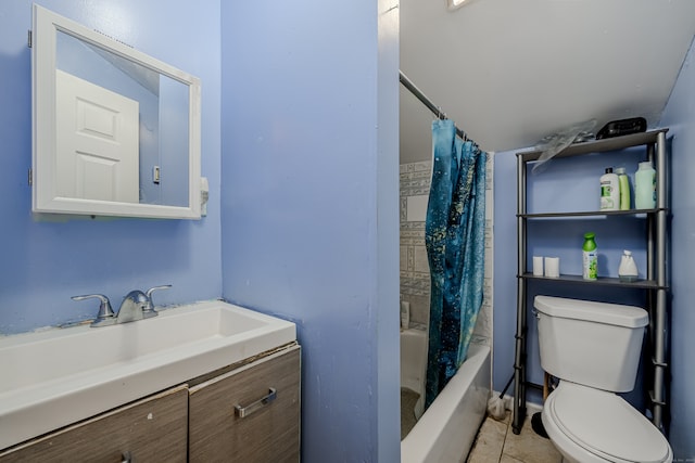 full bathroom with tile patterned floors, vanity, toilet, and shower / bathtub combination with curtain