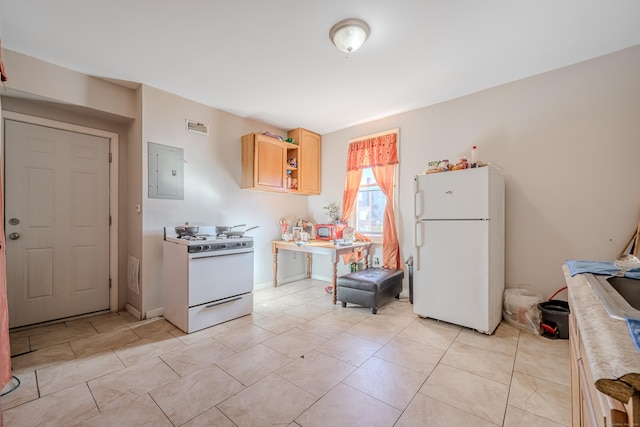 6 Grove Ct, Waterbury, CT 06710 - kitchen featuring white appliances, electric panel, light brown cabinetry, light tile patterned floors, and light countertops