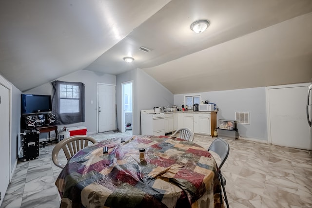 6 Grove Ct, Waterbury, CT 06710 - dining room with lofted ceiling, washer / clothes dryer, and light marble finish floors