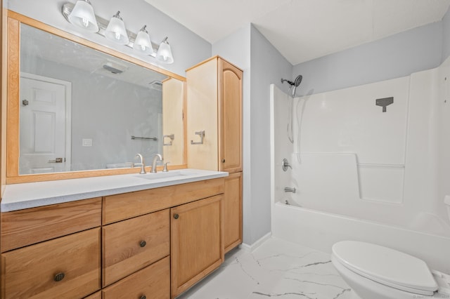 full bathroom with toilet, vanity, and shower / bathing tub combination