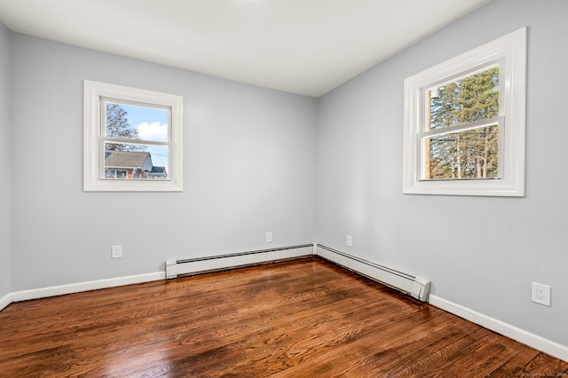 unfurnished room featuring wood-type flooring, a baseboard radiator, and a healthy amount of sunlight