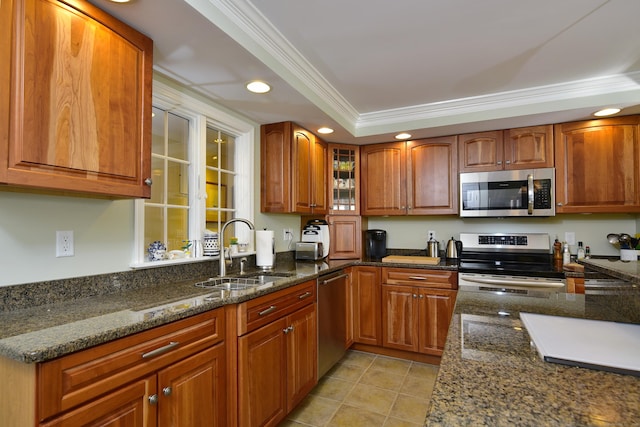 kitchen with dark stone counters, a raised ceiling, sink, and stainless steel appliances