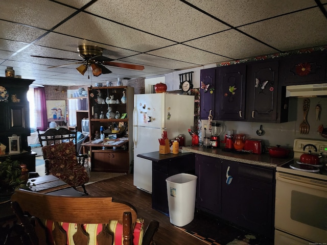 kitchen with dark hardwood / wood-style flooring, a paneled ceiling, white range with electric cooktop, and ceiling fan