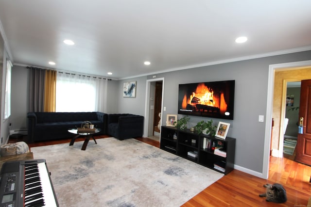 living room with crown molding, wood-type flooring, and a baseboard heating unit