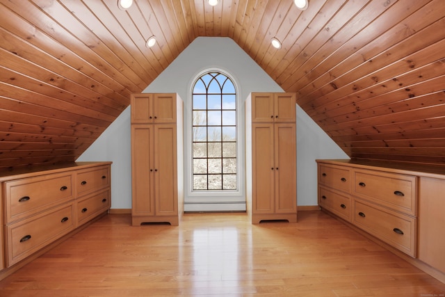 additional living space with wooden ceiling, baseboard heating, light hardwood / wood-style flooring, and lofted ceiling