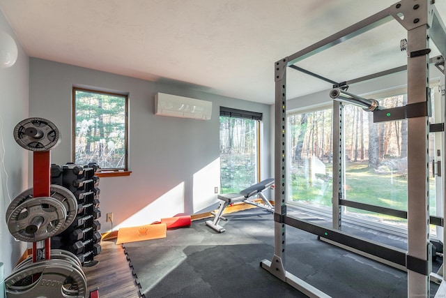 exercise area featuring dark hardwood / wood-style flooring and a wall unit AC