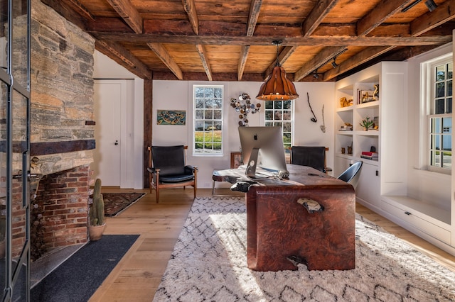 office with wooden ceiling, light wood finished floors, and beam ceiling