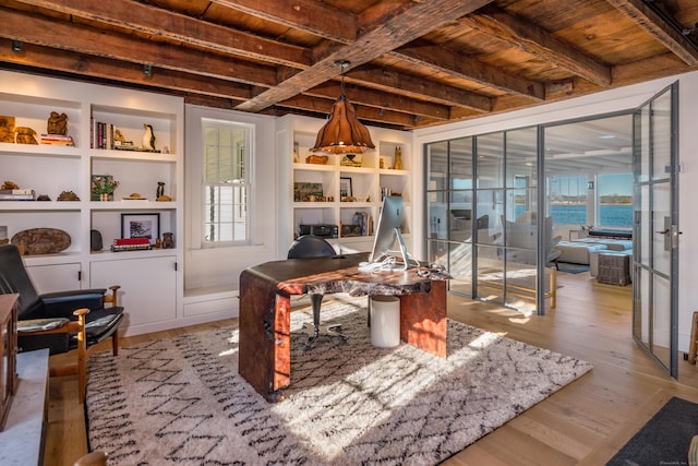 home office with a healthy amount of sunlight, wooden ceiling, light wood finished floors, and beam ceiling