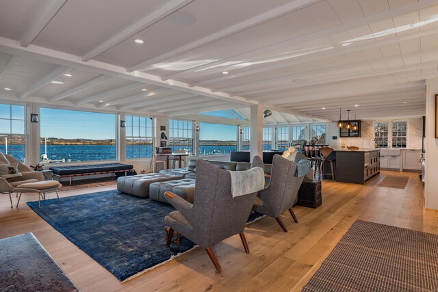 living room featuring a wealth of natural light, light hardwood / wood-style floors, and a water view