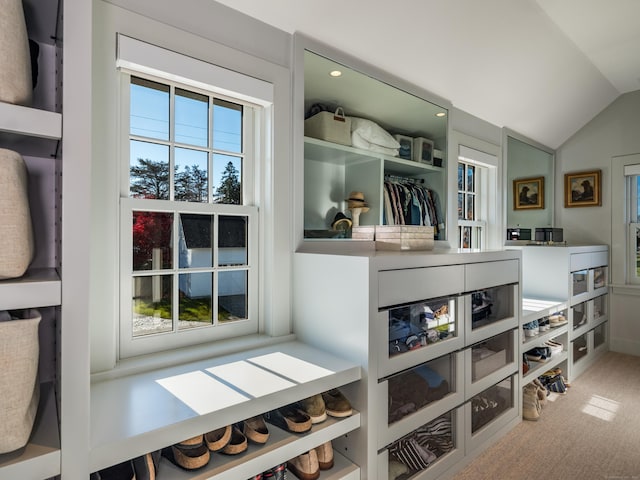 interior space with vaulted ceiling and carpet