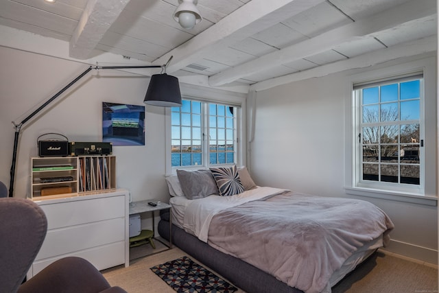 bedroom featuring a water view, wood ceiling, baseboards, and beam ceiling