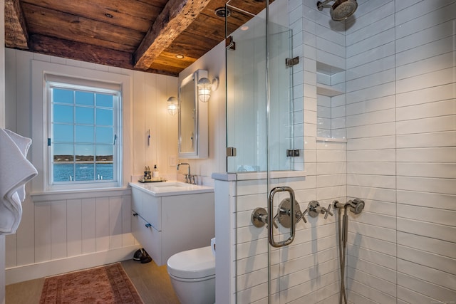 full bathroom featuring a stall shower, wood ceiling, beamed ceiling, a water view, and vanity