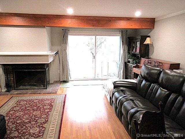 living room featuring light hardwood / wood-style floors and ornamental molding