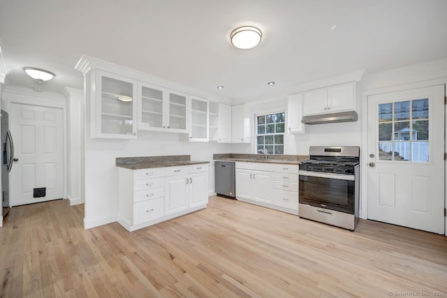 kitchen featuring sink, stainless steel appliances, white cabinetry, and light hardwood / wood-style flooring