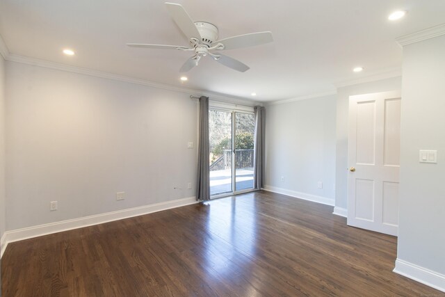 unfurnished room featuring dark hardwood / wood-style flooring, ceiling fan, and crown molding