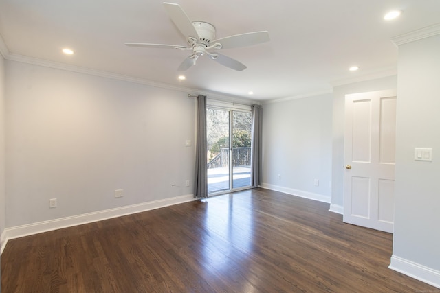 empty room with recessed lighting, baseboards, a ceiling fan, and dark wood finished floors