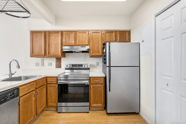 kitchen featuring light wood-type flooring, stainless steel appliances, and sink