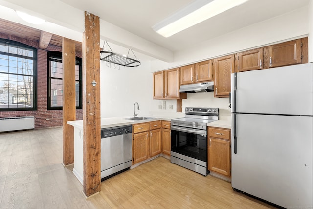 kitchen featuring sink, light wood-type flooring, stainless steel appliances, and brick wall