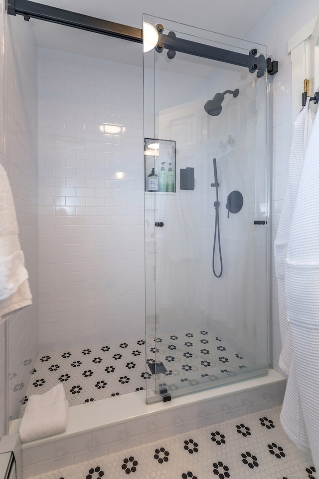 bathroom with a shower with shower curtain