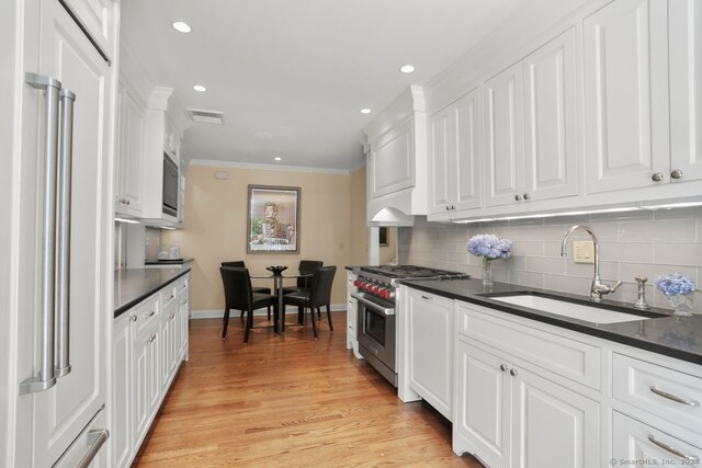 kitchen featuring high quality appliances, white cabinets, sink, light hardwood / wood-style flooring, and ornamental molding