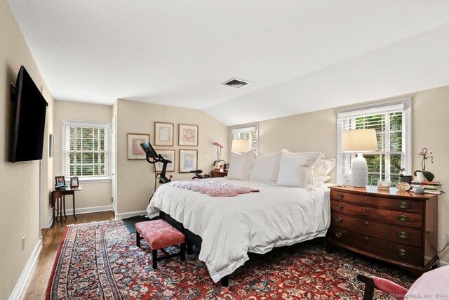 bedroom with wood-type flooring, multiple windows, and lofted ceiling