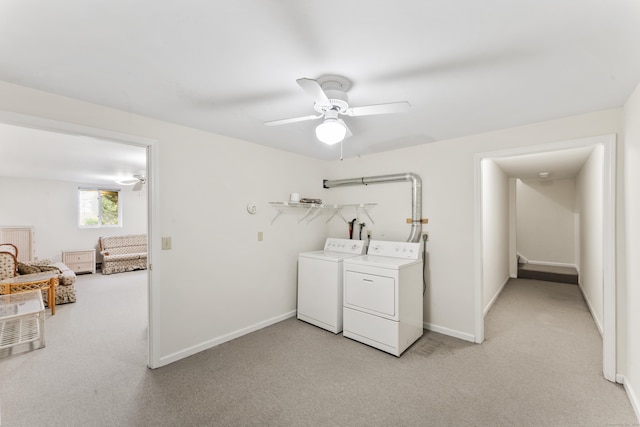 27 Crows Nest Ln Unit 15E, Danbury, CT 06810 - laundry room featuring a ceiling fan, washer and dryer, light colored carpet, baseboards, and laundry area
