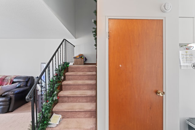 stairs featuring carpet floors