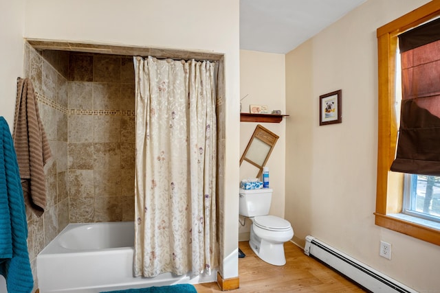 bathroom with baseboard heating, toilet, shower / tub combo, and hardwood / wood-style flooring