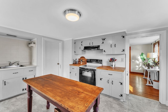 kitchen with white electric range, sink, crown molding, decorative backsplash, and light wood-type flooring