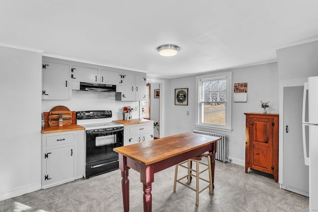 kitchen featuring radiator heating unit, ornamental molding, and black range with electric cooktop