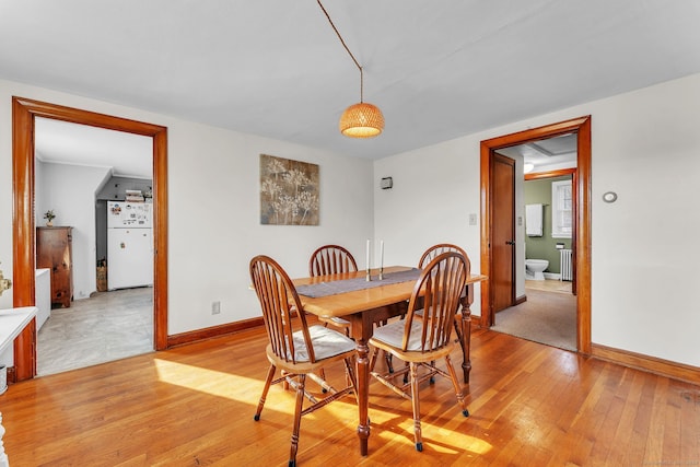 dining room featuring radiator heating unit and light wood-type flooring