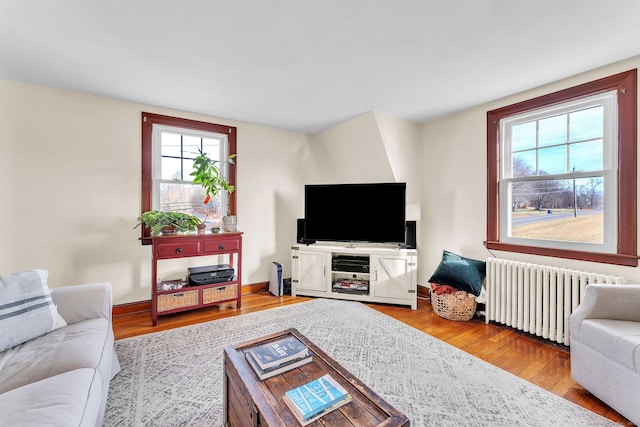 living room with radiator and light wood-type flooring