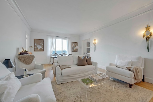 living room featuring light hardwood / wood-style floors and crown molding